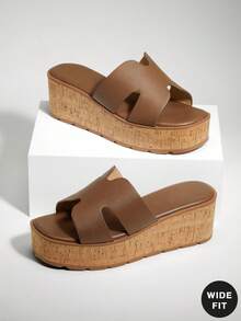 SHUZIA Wide Width Women's Harness Cut Out Square Toe Cork Platform Minimalist Palm Print Pu Dark Olive Slides– Timeless, Stylish & Comfortable For Christmas Valentine's Day - Olive Green - View 1