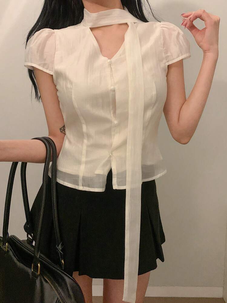 Women's Tie-Up Short Sleeve Shirt, Spring/Autumn