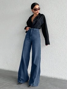 EURMUSE 100%Cotton High Waist Wide Leg Jeans PETİTE - Dark Wash - View 5