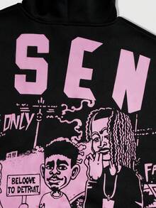 ROMWE MEN Street Life Men's Casual Portrait & Letter Pattern Loose Fit Hoodie, Autumn - Black - View 4