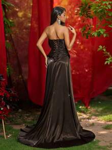 Glamrae Elegantes minimalistisches apokalyptisches vintage Satin plissiertes Meerjungfrau-Saum Abendkleid, geeignet für Festivals, Hochzeiten, Galas, Bankette, Geschäftsveranstaltungen und Konzerte - Kaffeebraun - Übersicht 2