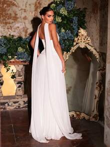 Glamrae 优雅奢华白色缎面拼接雪纺手工贴花装饰船领二合一婚纱，配有可拆卸腰带和超大褶皱连衣裙 - 白色 - 查看 5