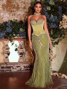 Glamrae Váy đuôi cá hở vai đính cườm và sequin sang trọng, thanh lịch, 2 trong 1, thích hợp cho đám cưới, tiệc tùng, kỳ nghỉ, dạ hội, váy dạ hội (được tô điểm nhiều) - màu xanh lá - Xem 7