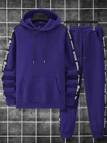 Manfinity Homme 2pcs Men's Contrast Color Print Hoodie Sweatshirt And Pants Set - Purple - View 5