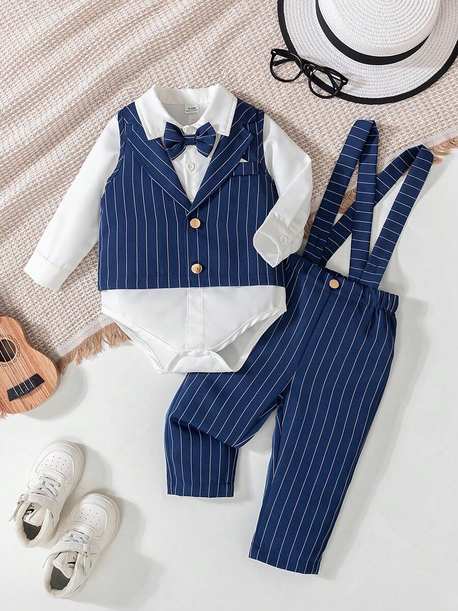 3pcs Baby Boys Gentleman Style Outfit With Bow Tie, Suspenders And Pants, Suitable For Birthday Party, Formal Occasion, Performance, Wedding, Christening, New Year, Children Clothing, Baby Boy Outfit, Boy Set, Baby Boy Set, Baby Boy Set - Multicolor - View 1