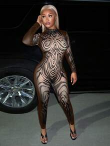 Slaydiva 2025秋季新款万圣节生日派对宴会学院风学生日常休闲邮轮旅行爆款街头风性感夜店圆领长袖修身线条数码印花女式紧身连体裤 - 棕色 - 查看 3