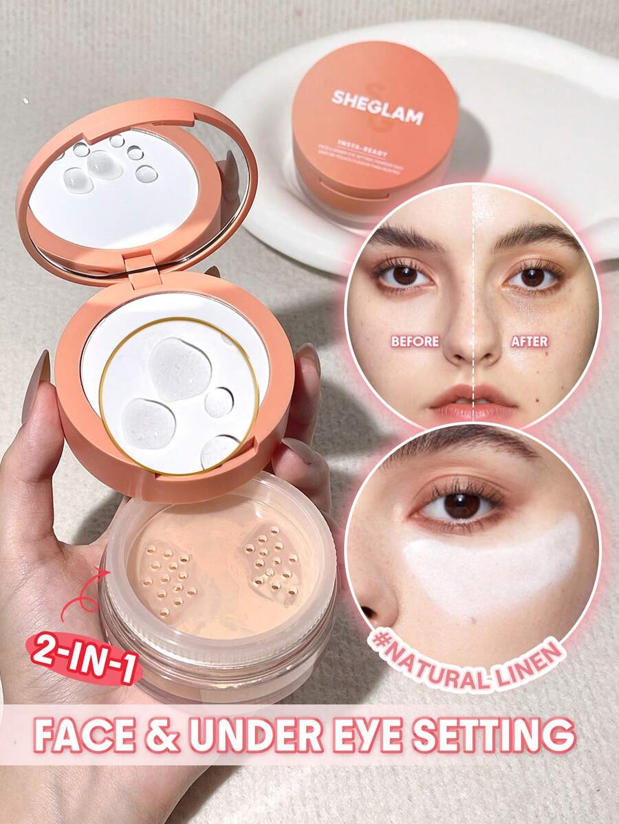 SHEGLAM Insta-Ready 臉部和眼部定妝粉 雙色天然亞麻 2 合 1 亮白散粉 霧面無孔防水粉餅 臉部彩妝 粉餅 品牌 美容 化妝 化妝品 適合女性與女孩 完美搭配夏季春季 Y2K 時尚 流行 生日 母親節禮物 假期 派對準備就緒 最佳顏色