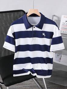 Mirajuku 1件青少年Polo衫，新款夏季休闲Polo衫，藏蓝色和白色宽条纹鹿刺绣，宽松短袖，翻领，适合日常穿着和通勤，新款预售 - 藍白色 - 查看 8