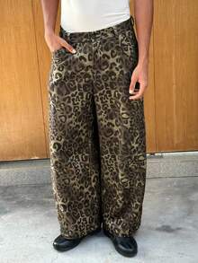 SWAVVY 男士豹纹口袋休闲宽松裤，日常百搭 - 卡其色 - 查看 3