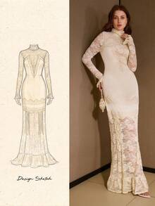 MOTF PREMIUM FASHIONABLE MOCK NECK ELEGANT LACE TRIM SATIN SHEEN RUFFLE HEM MAXI DRESS - Apricot - View 1