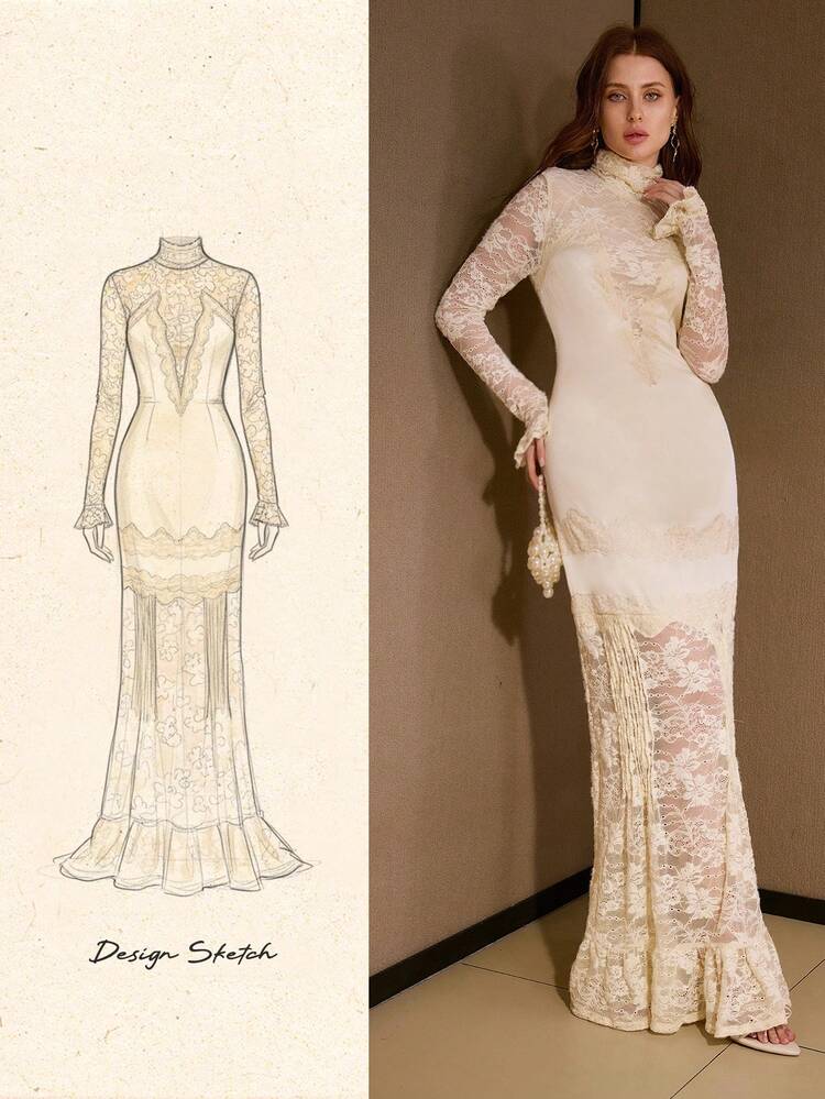 VESTIDO MAXI ELEGANTE CON CUELLO ALTO SIMULADO, ENCAJE, SATINADO Y VOLANTE EN EL BAJO