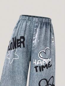 SUMWON 少女星形印花长袖上衣阔腿裤套装休闲家居服度假装 - 黑色 - 查看 6