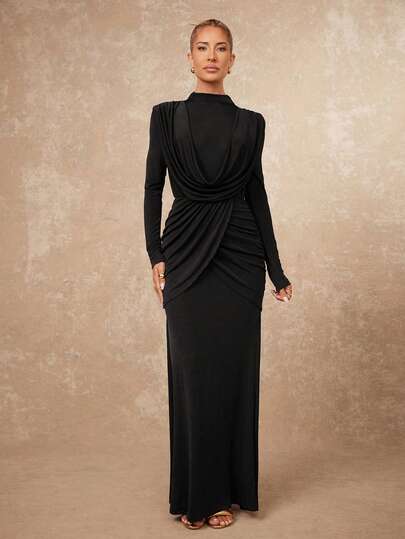 Lumalex VITNOS New High-End Elegant Black Ruched Solid Color Slim Waist Dress For Women Daily Casual / Date / Outing / Nightclub Party / Gathering Outfit Draped Dress Black Long Dress Elegant