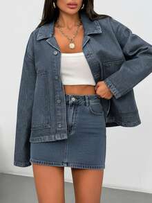 女士落肩长袖单排扣口袋牛仔外套和牛仔迷你裙休闲套装 - 淺色水洗藍 - 查看 4