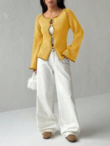 Jeanoix Cárdigan casual de mujer de un solo abotonado con mangas raglán - Mostaza Amarilla - Ver 5