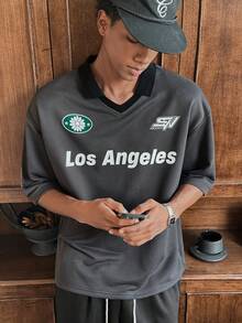 SWAVVY 男士休闲字母印花短袖 Polo 衫，夏季学院风图案 Polo 衫，灰色针织男士街头服饰 - 灰色 - 查看 1