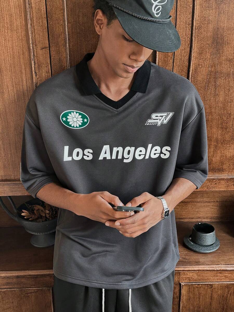 SWAVVY 男士休闲字母印花短袖 Polo 衫，夏季学院风图案 Polo 衫，灰色针织男士街头服饰 - 灰色 - 查看 1