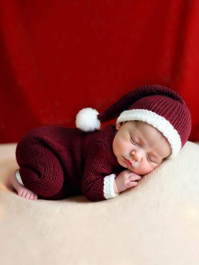 SHEIN 2 件套针织新生儿摄影道具圣诞服装用于拍照男婴女婴纽扣开襟连体衣带绒球尾巴帽新生儿第一个圣诞节送礼