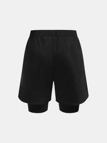 SHEIN Teen Boys' Minimalist Contrast Letter Graphic Layered Sports Shorts, Casual Sporty Comfortable Versatile Soft Fabric Suitable For Daily Wear, School, Outings, Outdoor Activities, Swimming, Beach Parties, Spring/Summer - Black - View 4