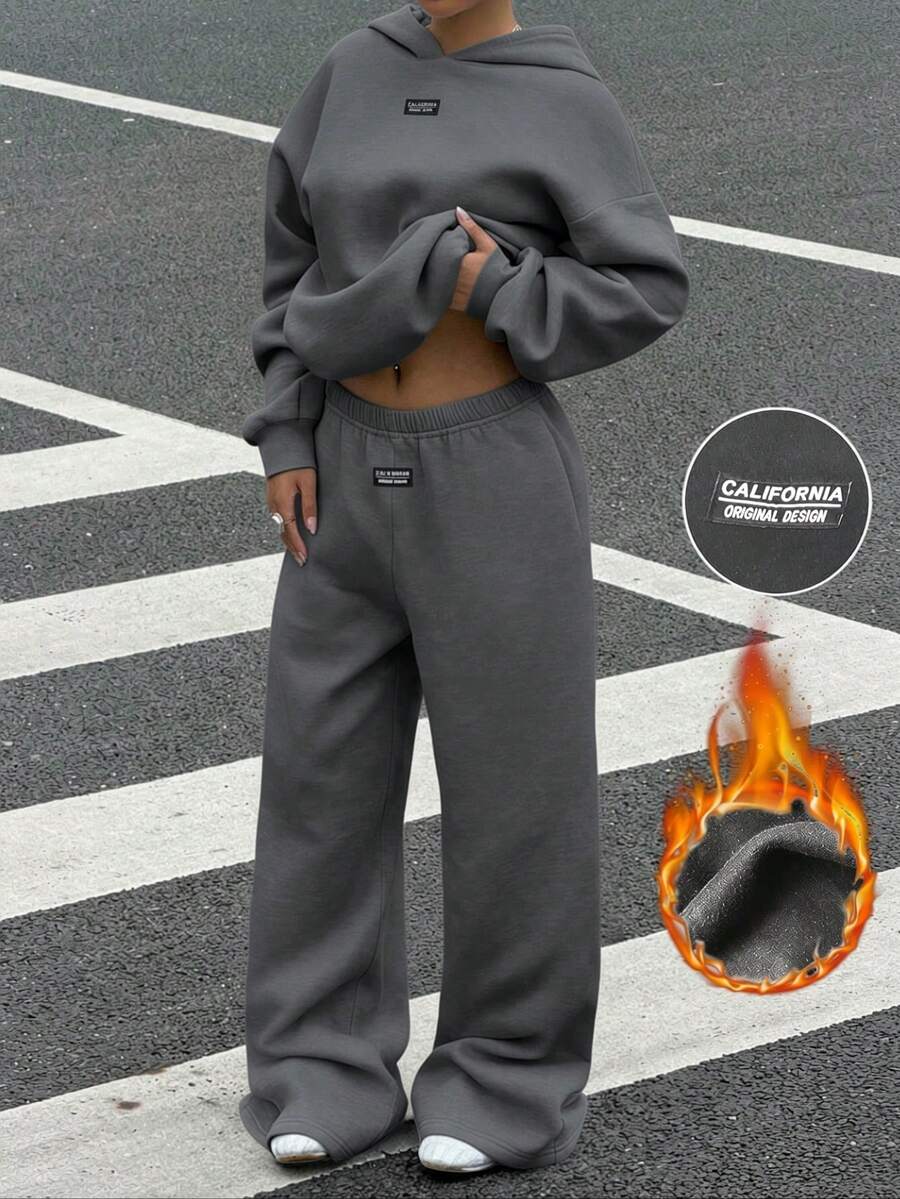 SHEIN EZwear 深灰色休闲宽松连帽衫和运动裤字母印花街头风套装,大码,秋冬款 - 深灰色 - 查看 1