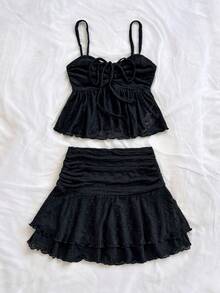 Soleia 2 件套女士度假针织杏色纹理吊带背心，配有抽绳胸围和荷叶边下摆，搭配腰部褶皱和双层荷叶边下摆迷你裙，适合派对、约会、下午茶、返校、毕业典礼 - 黑色 - 查看 4