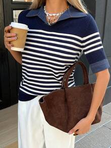 Livesso Women's Striped Casual Short Sleeve Polo Sweater - Navy Blue - View 3
