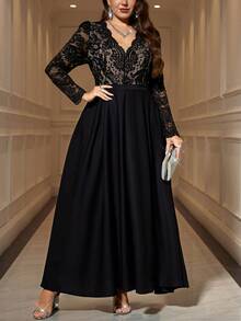 SHEIN Clasi 大码优雅派对蕾丝拼接连衣裙 - 黑色 - 查看 7