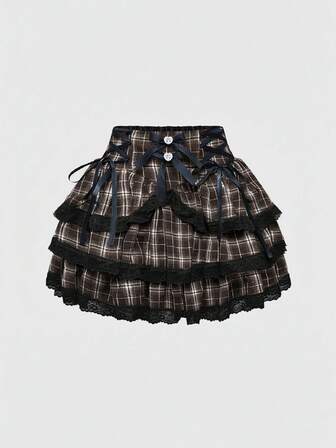 EDITION Gonna da donna con vita alta, decorata con fiocco e motivo a quadri, carina e dolce