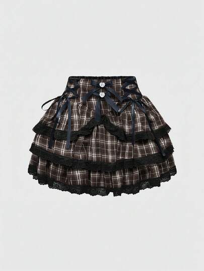 EDITION Falda de mujer con cintura alta, decorada con lazo y estampado de cuadros