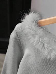 Franclia 优雅长袖仿毛领套头毛衣 - 灰色 - 查看 3