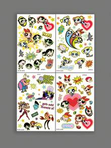 THE POWERPUFF GIRLS X SHEIN 4 láminas de pegatinas tatuaje con patrón de los personajes de dibujos animados Flor, Burbuja y Cebollita - Multicolor - Ver 7