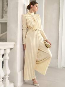 SHEIN Elenzya Elegante y romántico mono de mujer de manga larga, cuello redondo, cintura fruncida y pierna plisada, casual para ir al trabajo y salir - Albaricoque - Ver 5