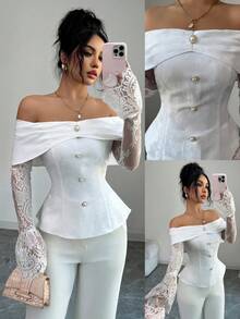 Elenzga Áo cánh dài tay trễ vai ren thanh lịch dành cho nữ, phù hợp mặc đi làm và đi chơi ngoài trời, mùa xuân/hè - trắng - Xem 1