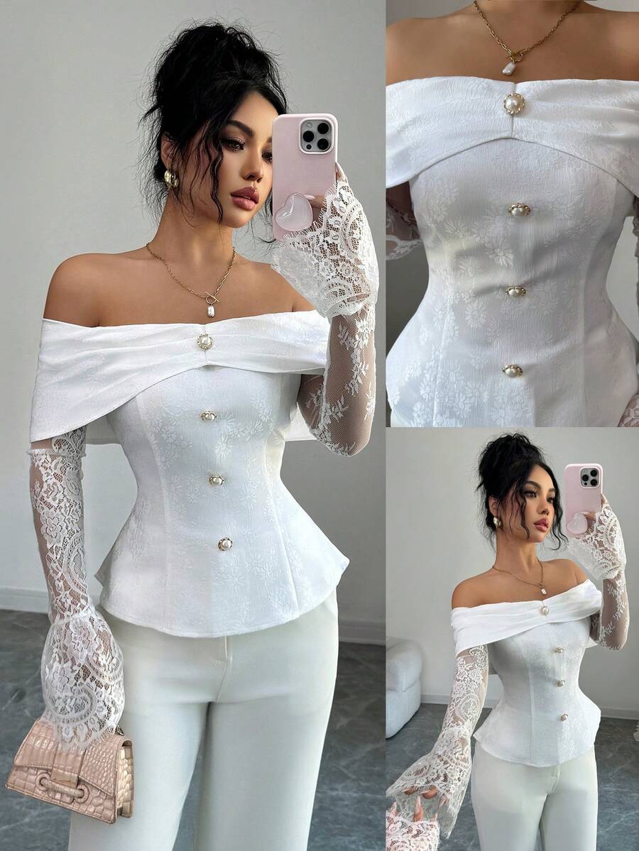 Elenzga Áo cánh dài tay trễ vai ren thanh lịch dành cho nữ, phù hợp mặc đi làm và đi chơi ngoài trời, mùa xuân/hè - trắng - Xem 1