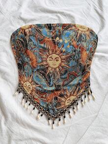 Soleia Women's Vacation Knit Print Patchwork Beaded Halter Top, Suitable For Party, Christmas, Date, Nightclub, Beach, Cruise, Afternoon Tea, Bohemian, Boho, Vacation, Fall Summer - Multicolor - View 5