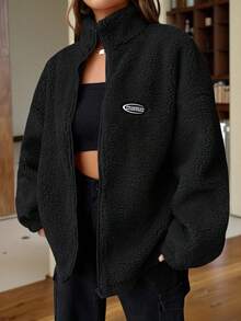 SHEIN EZwear Casual Letter Patch Off Shoulder Teddy Jacket In Fall/Winter - Black - View 6