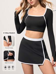 CourtClass 女士插肩袖短款T恤和裙子/短裤两件套运动服 - 黑色 - 查看 1