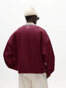 SUMWON Embroidered Logo Polo Collar Long Sleeve Sweatshirt Oversized Box Fit Pullover Crew Neck Casual Streetwear - Burgundy - View 2