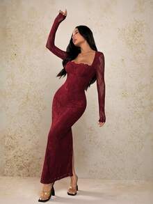 SHEIN PETITE 女式新款夏季派对约会晚会性感S型蕾丝长袖胸罩鱼骨方领紧身黑色长裙 - 酒紅色 - 查看 5