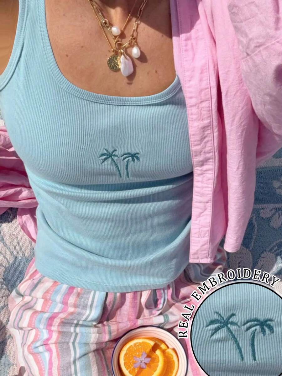 INAWLY Women's Regular Knit Ribbed Coconut Tree Embroidered Tank Top - Baby Blue - View 1