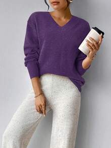 Firerie Women's Purple V Neck Drop Shoulder Sweater Casual Plain Rib-Knit Pullover Knitwear - Purple - View 3