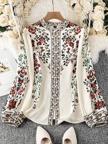 Modelyn Áo sơ mi dài tay in họa tiết thanh lịch cỡ lớn dành cho nữ - Màu be - Xem 1