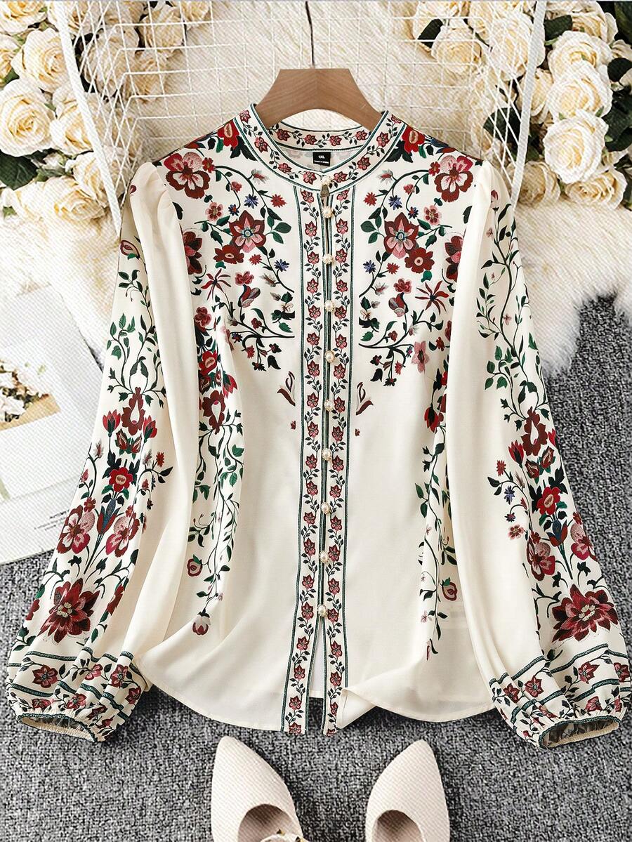 Modelyn Áo sơ mi dài tay in họa tiết thanh lịch cỡ lớn dành cho nữ - Màu be - Xem 1