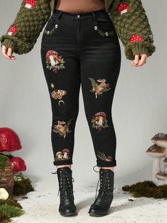 Fairycore Plus Size Women Dark Mushroom Plant Embroidered Cuffed 7/8 Length Jeans