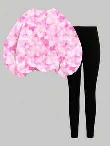 2pcs Tween Girls Casual Soft Crew Neck Long Sleeve Sweatshirt & Leggings Set, Featuring Cute Rabbit, Heart, Stitch Graphic Print, Suitable For Autumn/Winter Daily Wear, Holidays, Valentine's Day, Vacation, Outings, Street Style - Multicolor - View 2