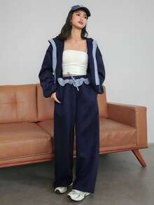 DAZY Teen Girl Plaid Patchwork Zip-Up Hoodie And Pants Casual Tracksuit Set - Navy Blue - View 6