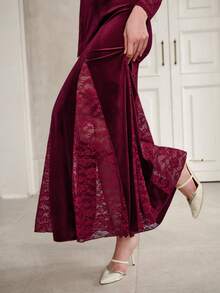 SHEIN Unity Lace & Velvet Patchwork Long Sleeve Waist Cinched Fishtail Hem Elegant Romantic Sophisticated Party Dress For Women - Burgundy - View 3