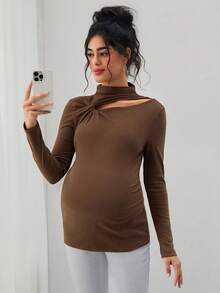 Momance Maternity Solid Color Long Sleeve T-Shirt With Asymmetrical Twist Hollow Design - Brown - View 1