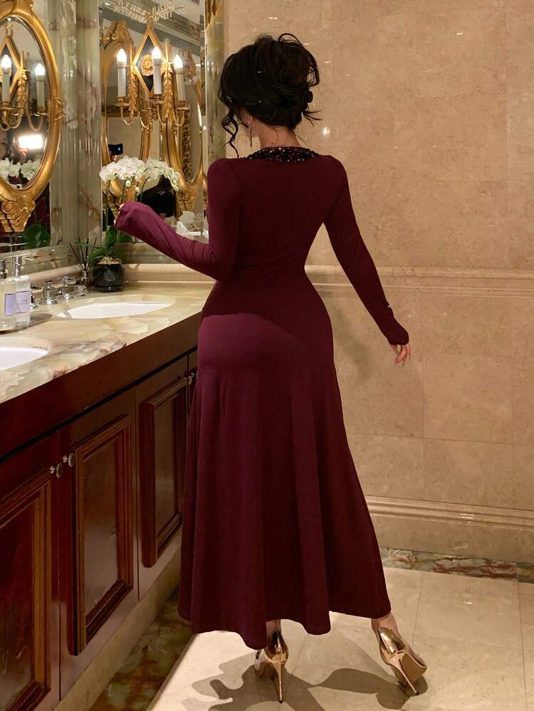 Elegant Sequin Waist-Cinching Dress, Unique French Design