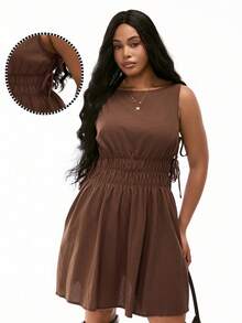 SHEIN Unity Plus Size Women's Casual Everyday Commute Simple Solid Color Sleeveless Elastic Waist Short Dress,Vacation Resort Cotton Sundress Spring Festival Boho Holiday,Casual Solid Color Lantern Sleeveless Mini Dress, Summer,Solid Color Fitted Round Neck Sleeveless Split Casual Dress,Solid Color Front Tie Sleeveless Casual Simple Mini Dress Christmas,Brown Dress For Women,Vacation - Coffee Brown - View 4